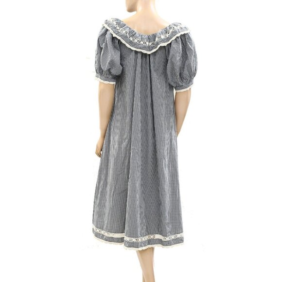 Doen Crochet Embroidered Lace Midi Dress Plaid Check Printed Ruffle XS - Picture 3 of 5